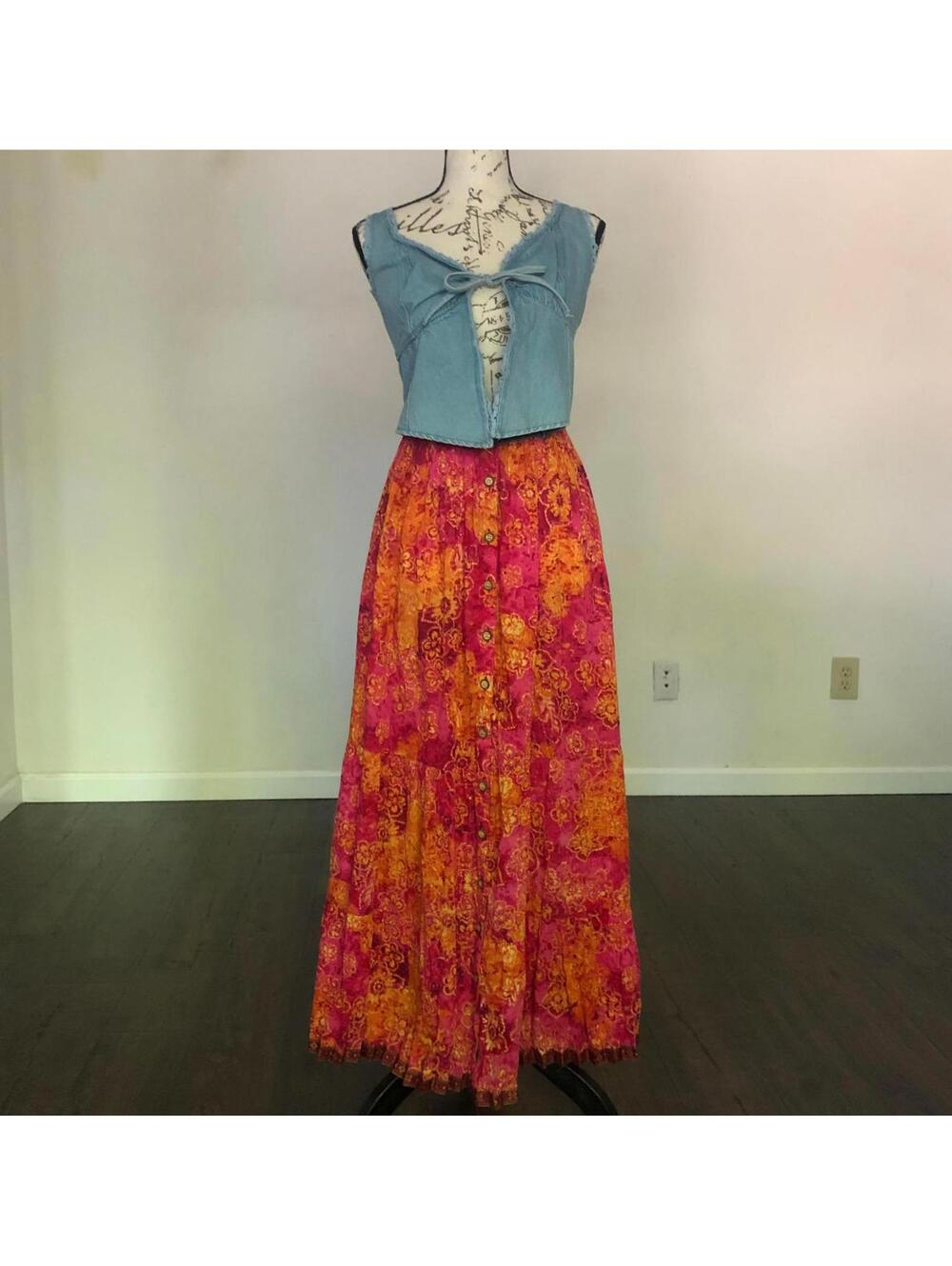 Vintage 90s Y2k St Johns Bay Skirt Orange Pink Boho Festival Button Up M Cotton
